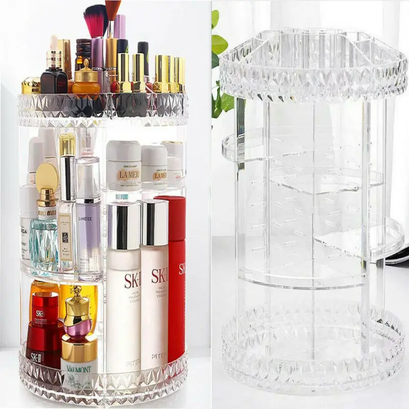 

Acrylic Makeup Cosmetic Rack Holder Jewelry Packaging 360 Degree Rotating Transparent 3-Layer Clear Organizer Storage Box Case