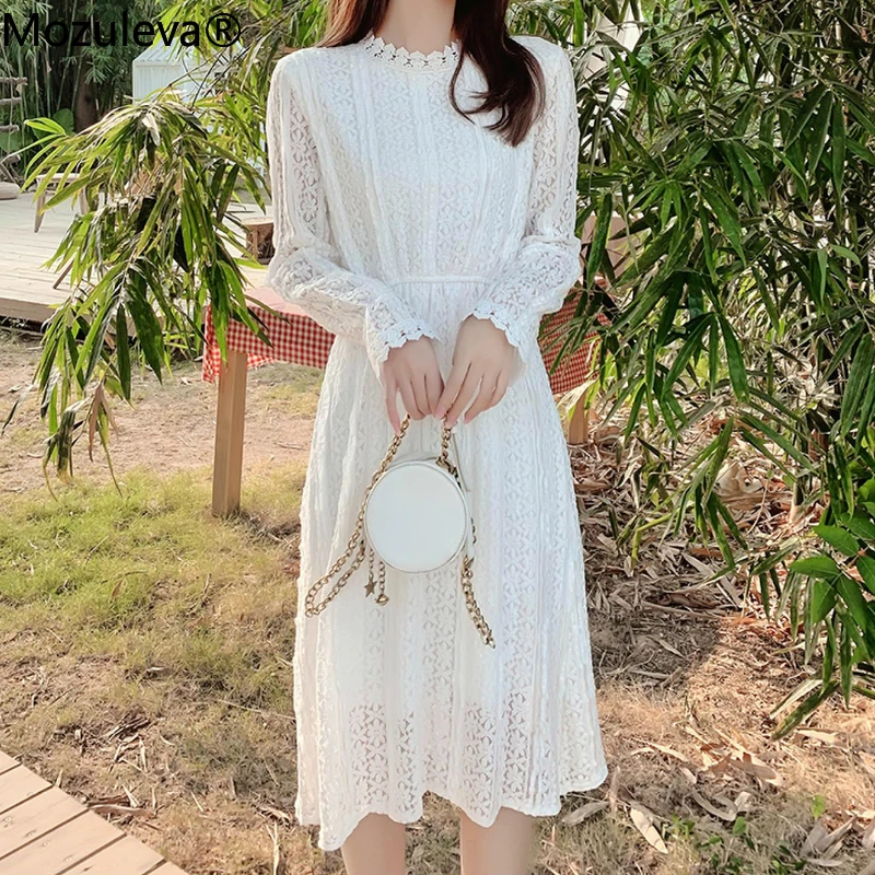 Винтажное белое кружевное платье женское с круглым вырезом и цветочным рукавом