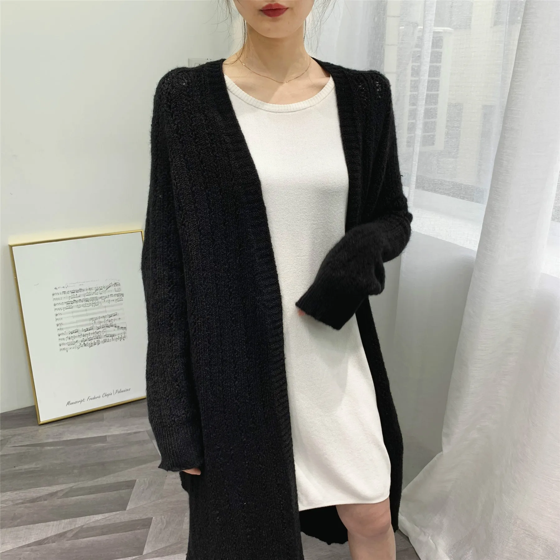 

Fall Loose Long Knitwear Casual Stitch High End Cardigan Blend Hollow Out Fluffy Black Sweater Knitted Girls Cardigans Female