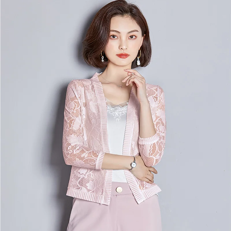 Женская ажурная кружевная куртка тонкая винтажная Короткая шаль с рукавом три