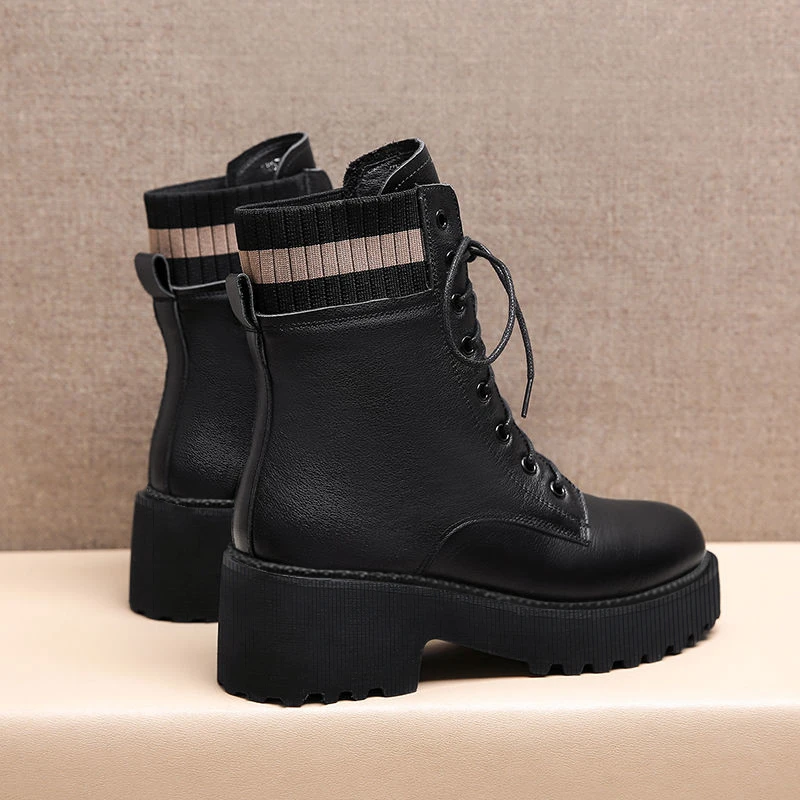 

Ankle Elasticity Chunky Platform Boots Women 2022 New Autumn Winter Warm Plush PU Leather Botas Mujer Thick Sole Shoes Woman