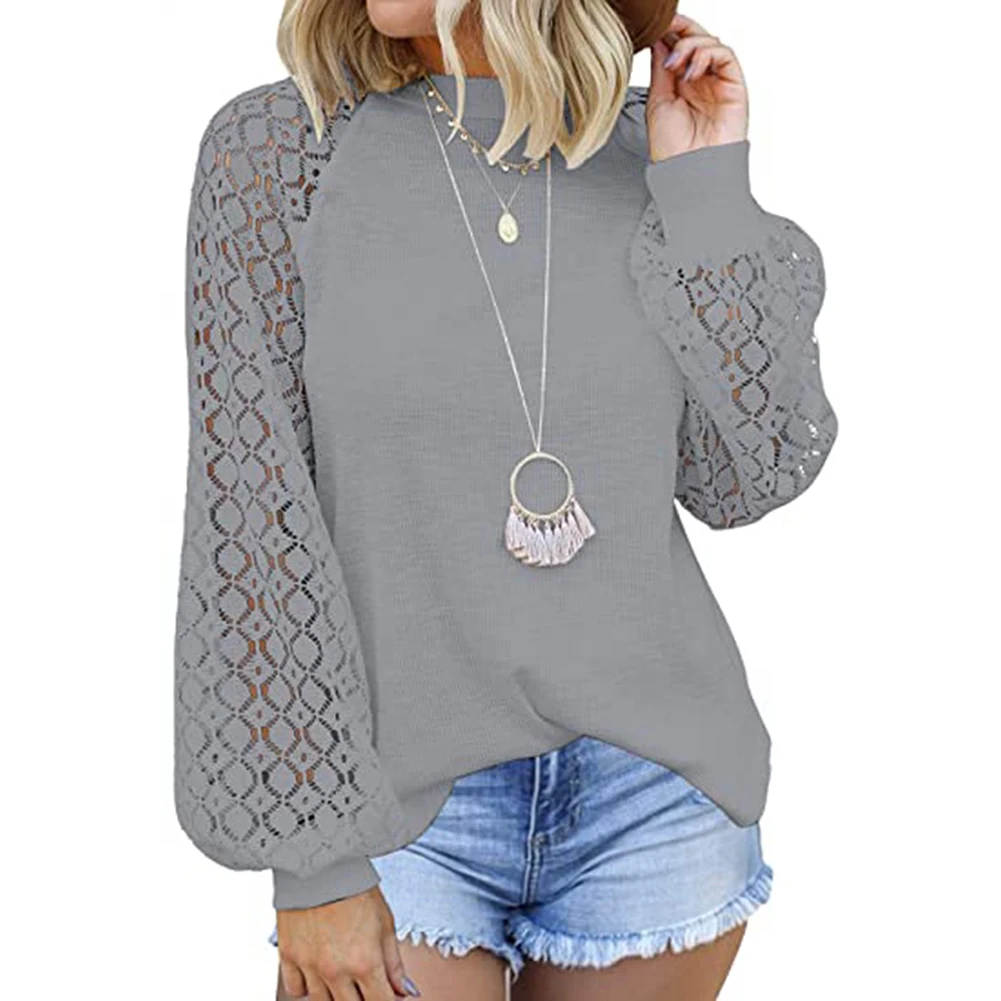 

New Stylish Women Hollow Out Lace Patchwork Puff Sleeve Loose Blouse Shirt Pullover Tops