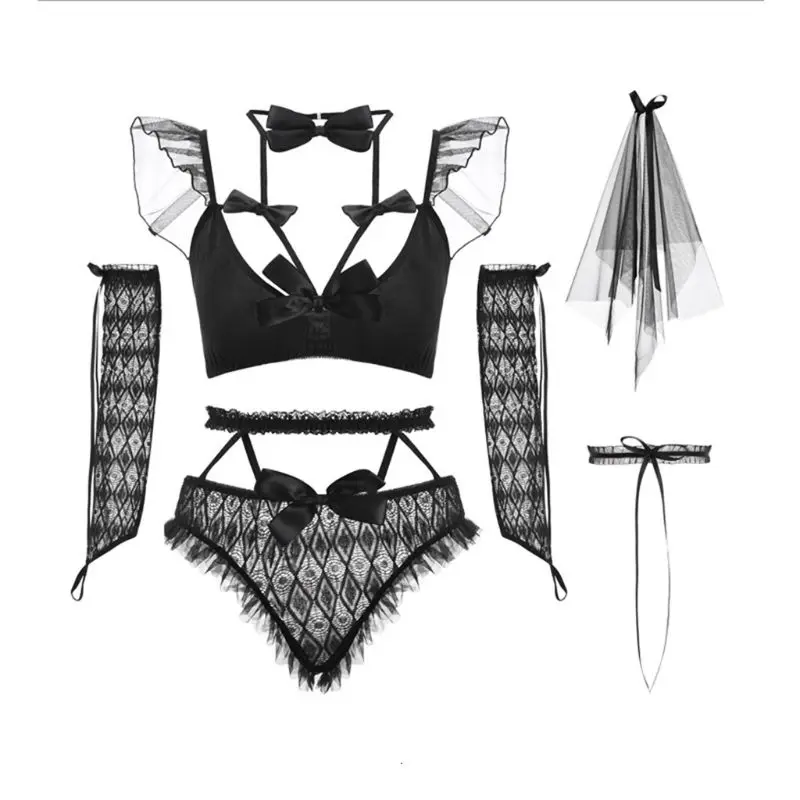 

Women Sexy Wedding Bride Lingerie Bowknot Bra Pantie Mesh Veil Cosplay Nightwear Q6PB