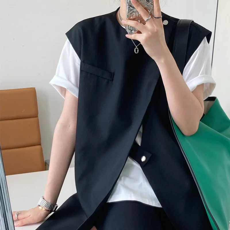 EWq-Корейская женская повседневная жилетка модная одежда с круглым вырезом и