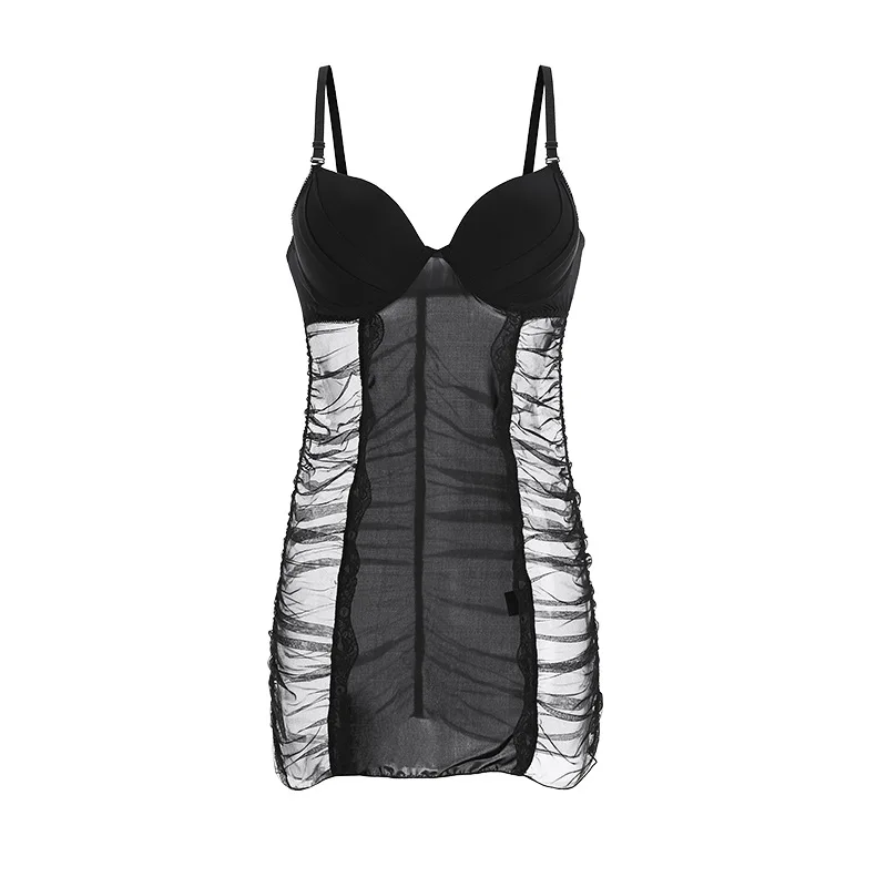 

New Sexy Lingerie Deep V Pleated Mesh See-through Temptation Hot Slip Nightdress erotic sheer tube Suit dress