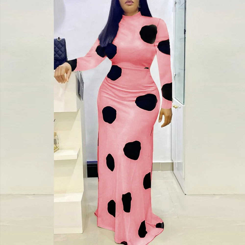 

Curve Women Maxi Long Dresses High Neck Cow Print Dress Elegant Vintage Large Size Spring Fall Birthday Party Club Clothes 4XL