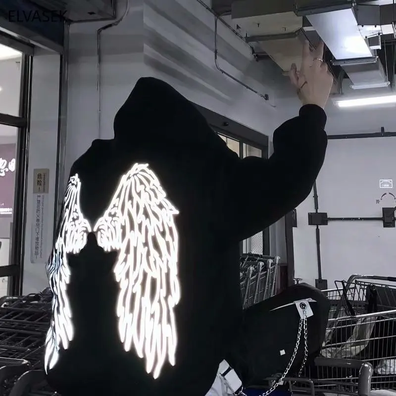 

long sleeve reflective shirt Harajuku shirts women japan oversize black angel wing shirt women shiny cloth with a hood hoodies
