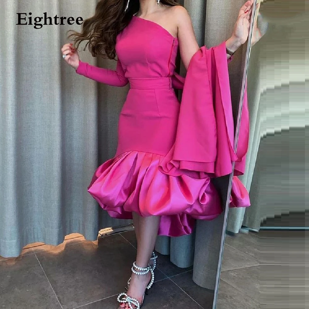

Eightree Dark Pink One Sleeve Saudi Arabia Short Evening Dress Soft Satin Strapless Formal Night Party Gowns Dress Vestidos