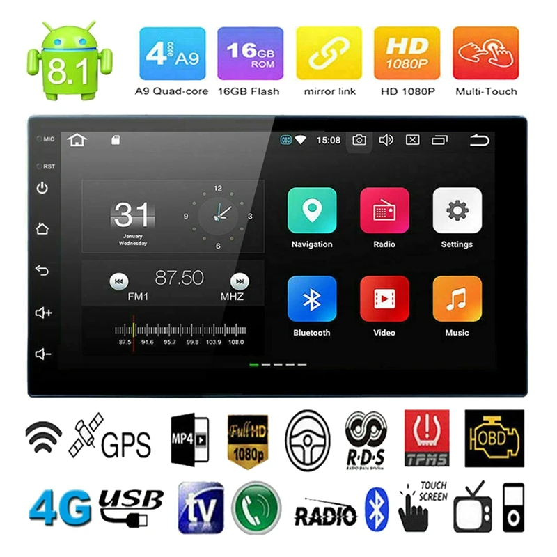 Android 8 1 2 Din 7 дюймов Автомобильный Универсальный радио мультимедиа видео плеер gps