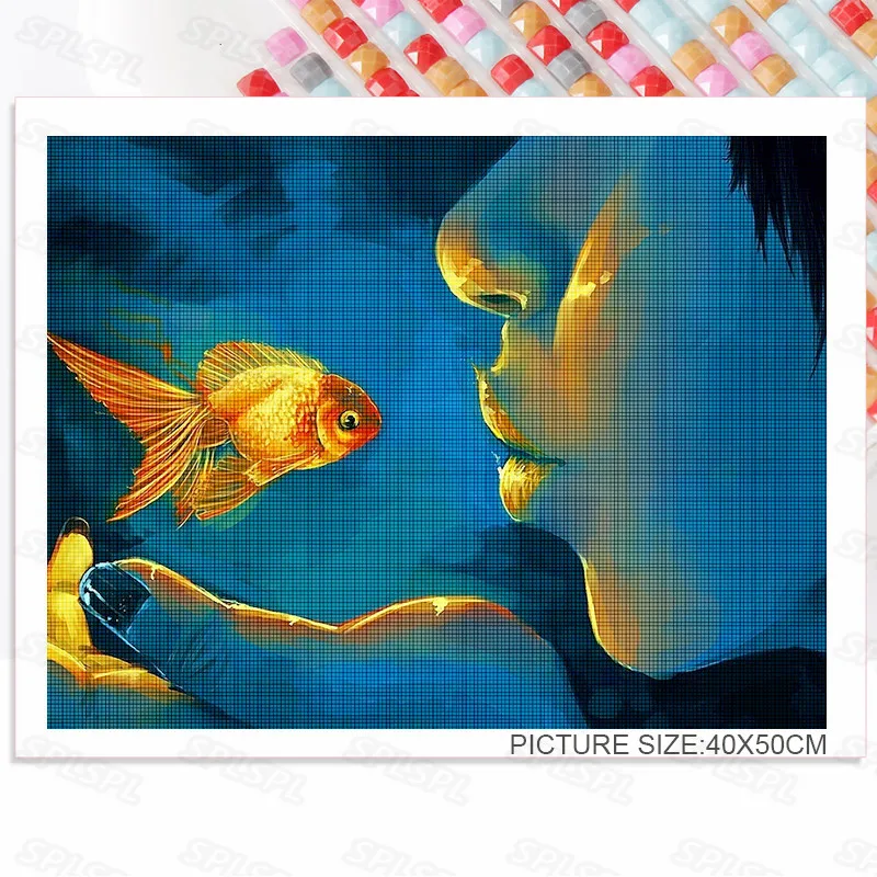 

Diamond Painting Cartoon Girl Goldfish Wearing Flower Wreath Hand-Painted Animation Beauty Bedroom Corridor Porch Decor Drawing