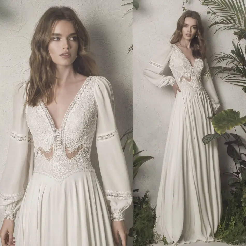 

New Wedding Dresses V Neck Long Sleeves Backless Chiffon Bridal Gowns Custom Made Lace Applique Sweep Train A-Line Wedding Dress