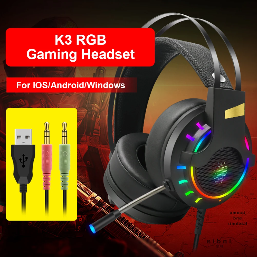 

3.5mm USB 7.1 RGB Light Audio Headset for Computer PC Gamer for Computer Tablets Smartphone K3 Wired Headphone