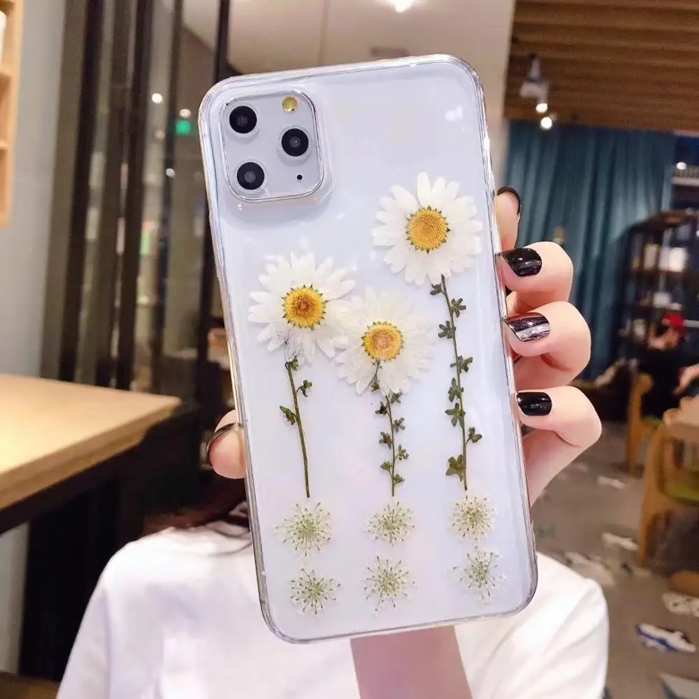 Qianliyao Real Dried Flower Cases For iPhone X XS Max XR 7 8 Plus 14 13 12 11 Pro Max SE 2 Case Handmade Soft Fresh Flower Cover