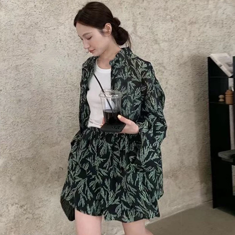 

TWOTWINSTYLE Print Two Piece Set For Women Lapel Long Sleeve Shirts High Elastic Waist Shorts Casual Loose Sets Female 2021