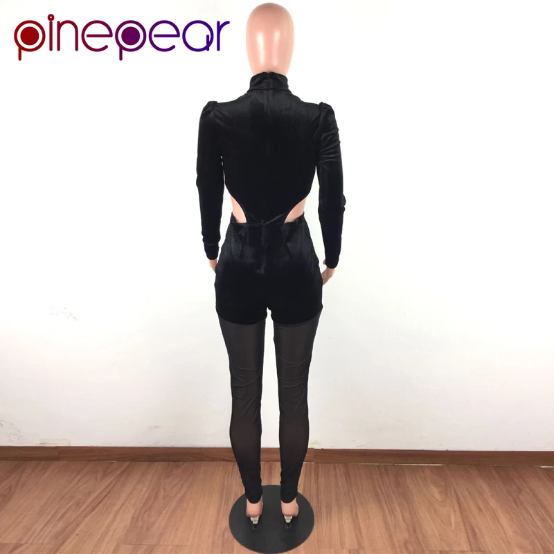 

PinePear Patchwork Mesh Velvet Jumpsuit Women Long Sleeve Turtleneck Perspective Party Velour Romper Winter 2020 Dropshipping