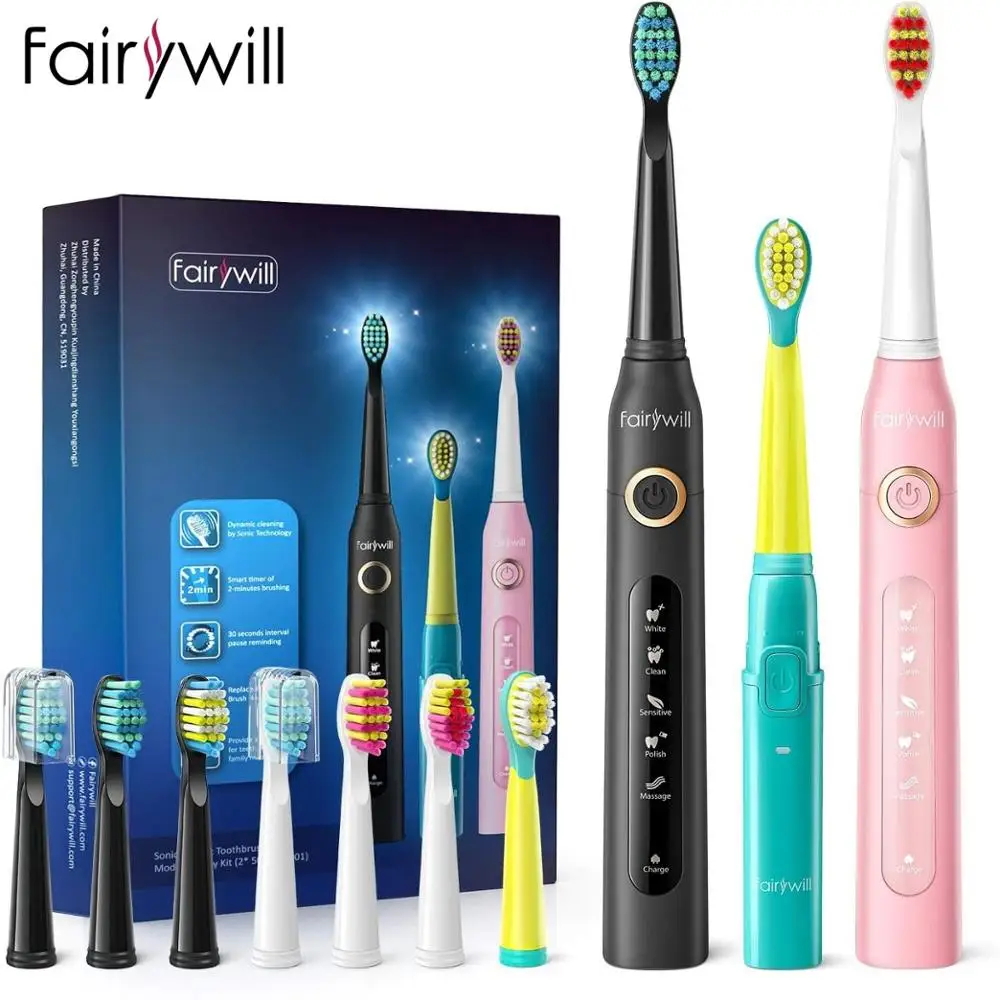 

Fairywill Electric Sonic Toothbrush FW-507 & 2001 Family Kit with 3 Powerful Rechargeable Whitening Toothbrush and 10 Brush Head