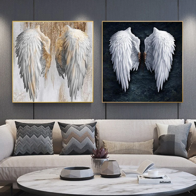 

Modern Black White Angel Wings Art Canvas Painting Luxury Golden Big Angle Wings Decorative Picture for Living Room Decor Poster