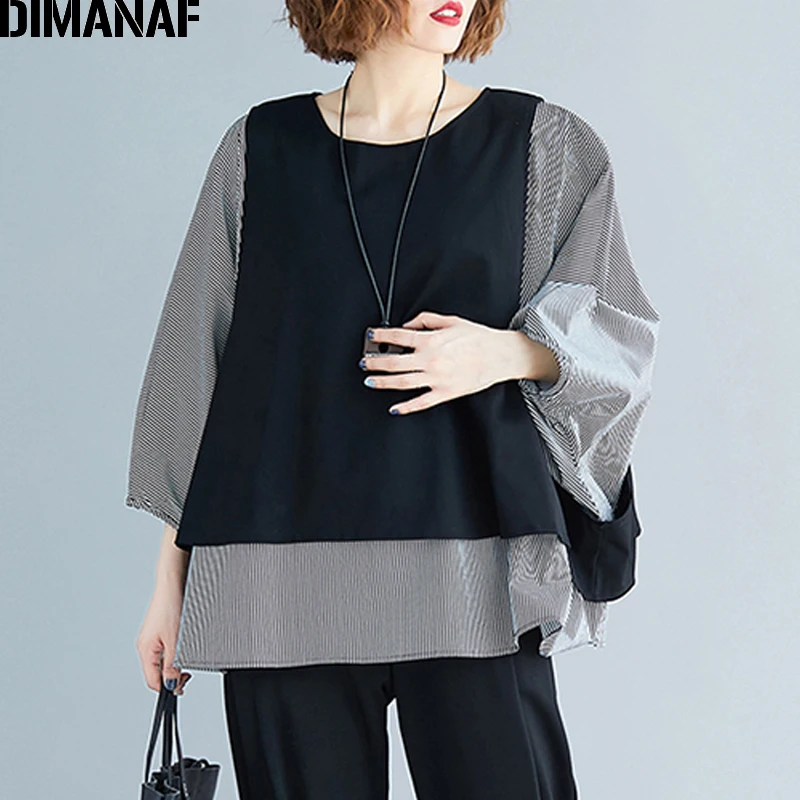 

DIMANAF Plus Size Women Blouse Shirts Autumn Oversize Casual Lady Tops Tunic Batwing Sleeve Loose Female Clothes Spliced Striped