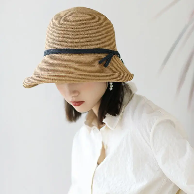 Women Hepburn Vintage Woven Sun Hat Elegant Contrast Color Bowknot Short Roll Up Brim Foldable Summer Bucket Cap