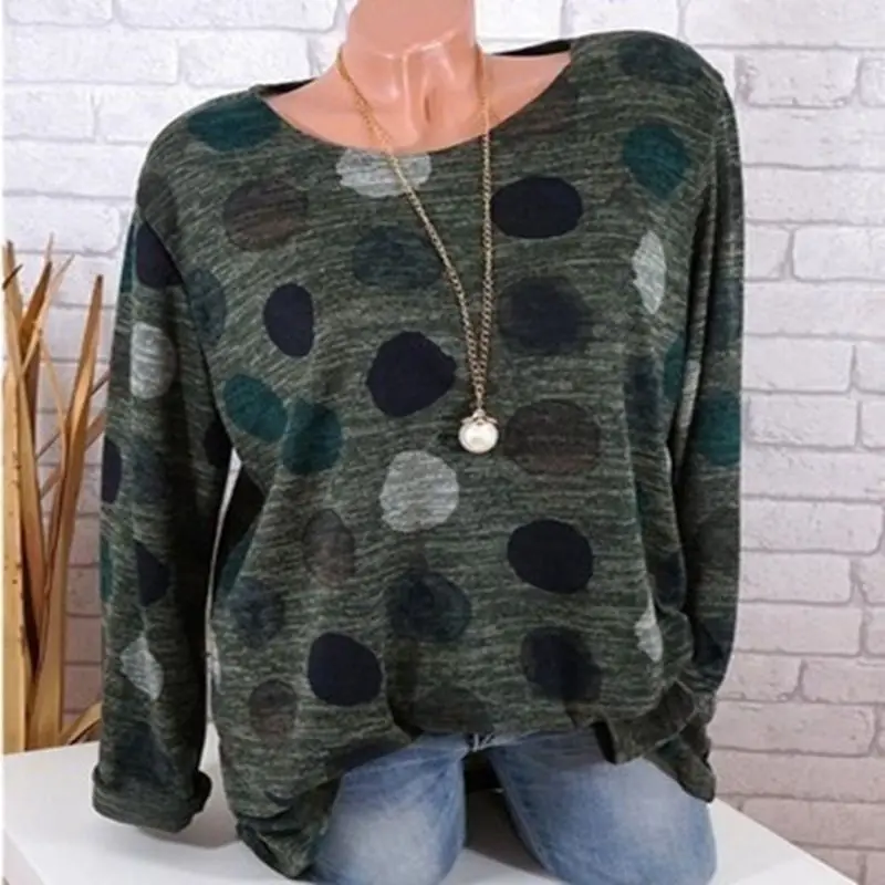

Female Tops Tees Casual Clothing Women fashion Spring Plus Size blouse Long Sleeve Polka Dot Round Neck Loose T-shirt 5S-XL