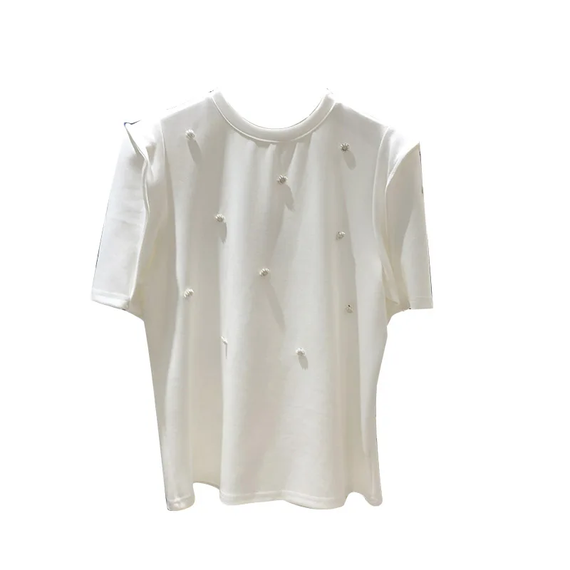 

High Quality Beaded Pearl Button Short-Sleeved T-Shirt Women Clothes 2021 Summer Korean Style Loose Casual Oversize Chic Top