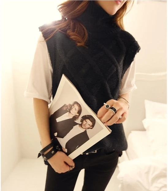 2019 Autumn winter Tricot lady top woman sleeveless sweater turtleneck thick warm long knit sweaters pullover female vest VR21 | Женская