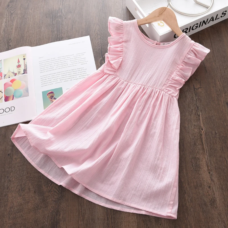 

2021 New Summer Baby Girls Solid Dress Toddler Kids Flying Sleeve Fancy Clothing Children Ruffles Princess Vestidos For 3-7Years