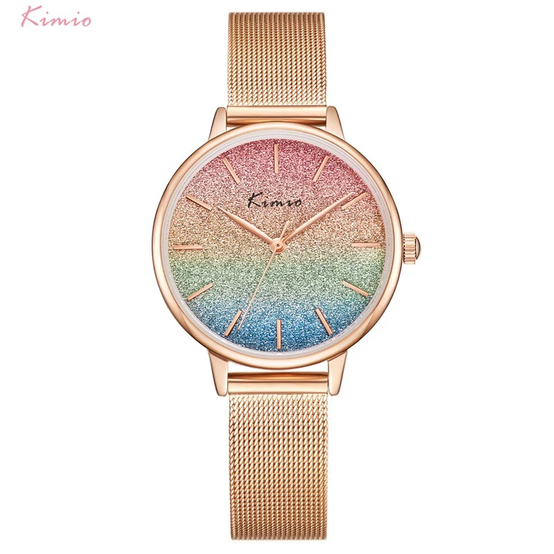 

Kimio Brand Women Watch 2021 New Rainbow Gradient Color Glitter Ladies Watch Simple Mesh Belt Ins Fashion Gold Watch