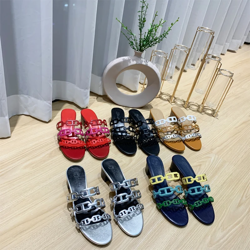 

VALLU 2020 new thick heel slippers women wear fashionable leather chain sandals in summer