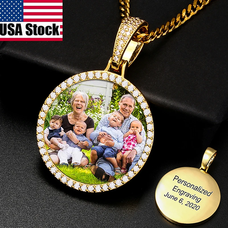 Round Medallions Custom Photo Pendant Necklace Men Hip Hop Jewelry Personalized Custom Name Engraved Pendant Zircon Chains Gift