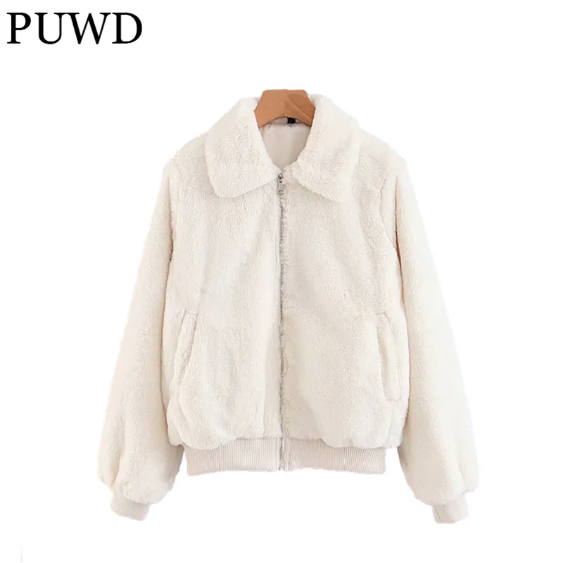 

Повседневное женское белое шерстяное пальто PUWD с отложным воротником 2021 Зимняя мода женская уличная одежда куртка женская однотонная тепл...