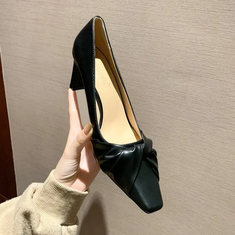 

French Square Bow High Heels Women's Thick-heeled Fashion Soft Leather Pumps Single Shoes Versatile and Comfortable