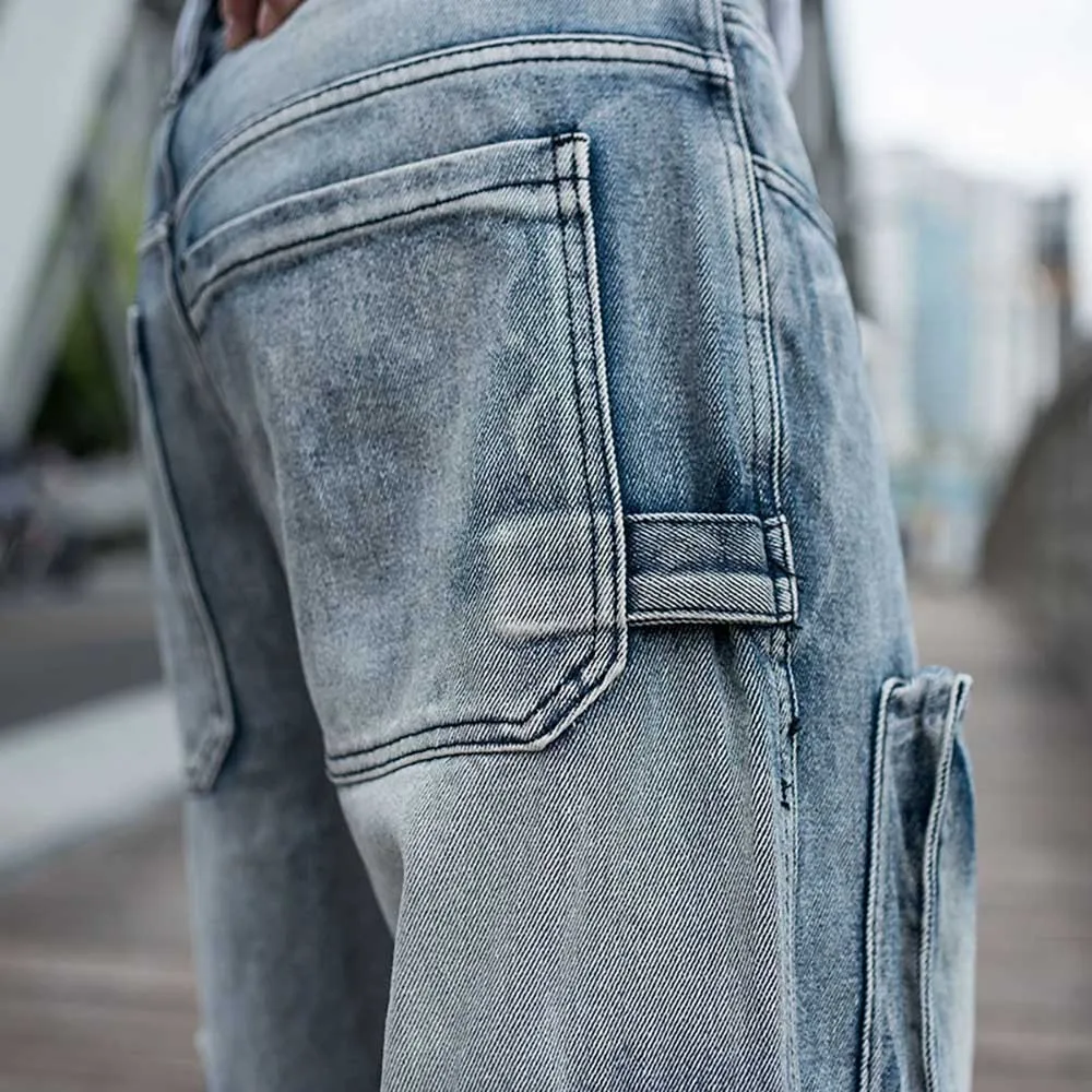 Trendy Hiphop Harem Jeans Overalls Men Casual Denim Cargo Pants Loose Baggy Wide Leg Jeans Big Pocket Trousers Street Fashion