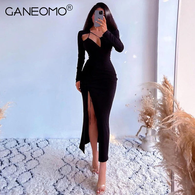 

High Slit Bodycon Maxi Dress For Women Elegant Autumn Spring 2022 Sexy Party Birthday Black Stylish Split Skinny Long Dresses