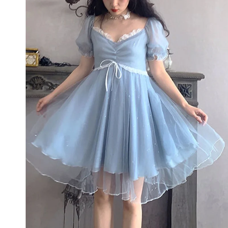 

Girl Summer Japanese Kawaii Fairy Dress Women Sweet Cute Patchwork Blue Lace Mini Dress Lady Casual Puff Sleeve Princess Dress