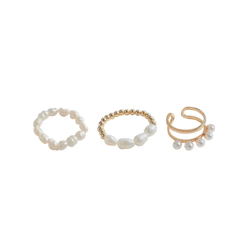 

Minar 3 Pieces/Set Irregular Pearl Charm Rings Set for Women French Gold Color Alloy Beads Open Adjustable Rings Accessories
