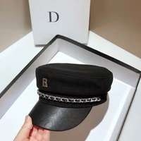 2021 new hats for women winter military hat chain pu eaves patchwork navy cap outdoor casual celebrity b letter ladies beret