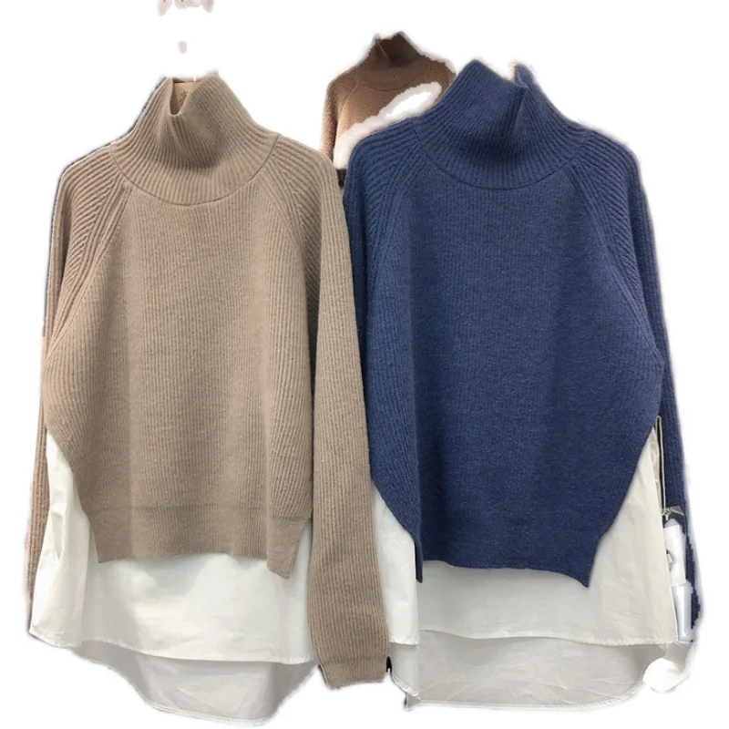 

Turtleneck Sweater Women 2021 Spring New Korean Style Loose Contrast Color Shirt Patchwork Knitting Pullover Jumpers