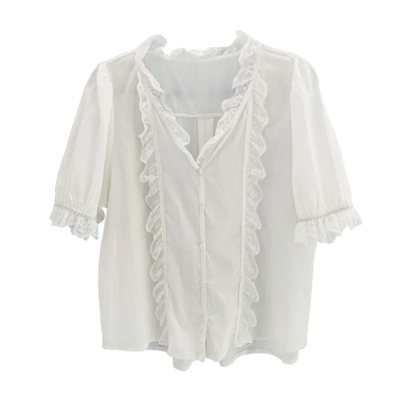 

Summer Korean gentle wind white shirt female temperament lace V-neck short-sleeved shirt puff sleeve top