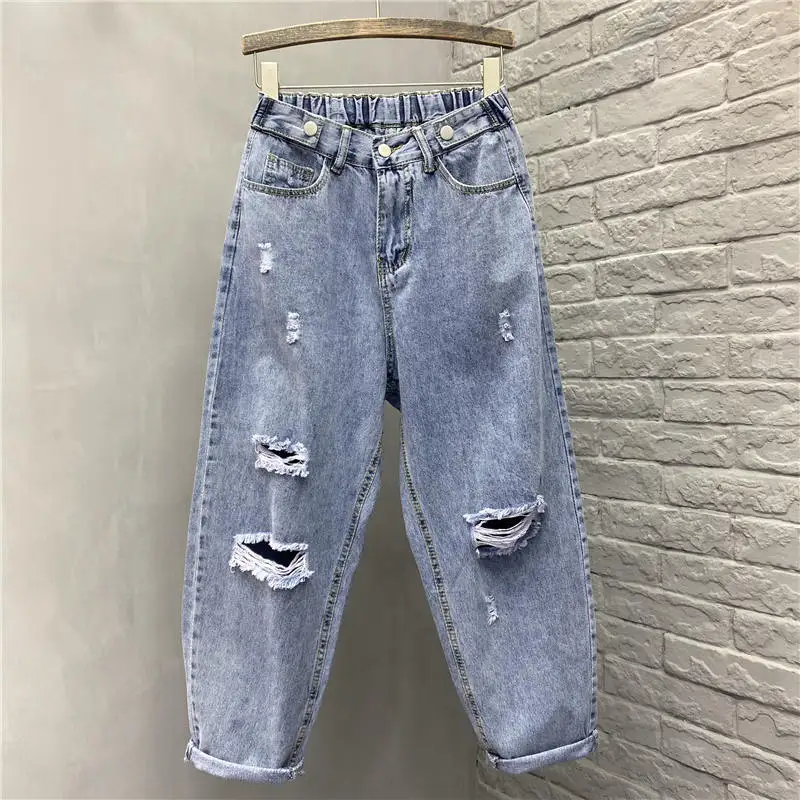 

Spring Summer New Large Size Hole Ripped Jeans For Women Vintage Loose High Waist Jean Femme Streetwear Denim Harem Pants C7476