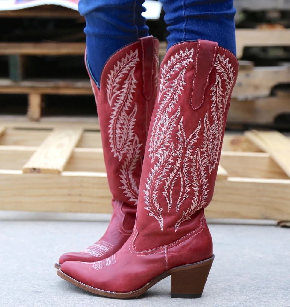 Классические женские ковбойские сапоги в западном стиле Женская кожаная ботинки