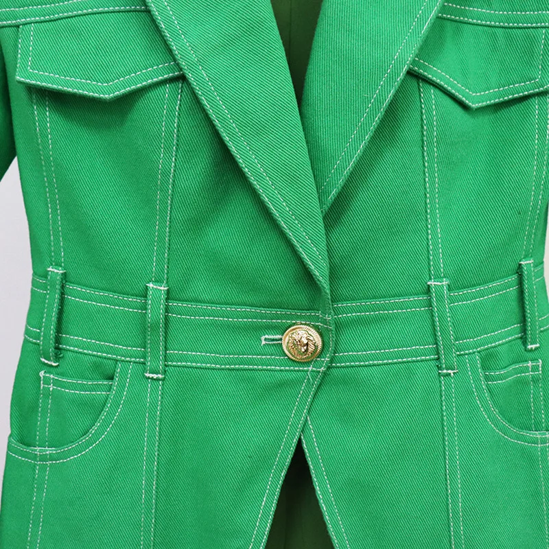 

Women Denim Blazer Jacket Wilder Shoulder Single Button High Waist Tunic Jeans Blazer Coat