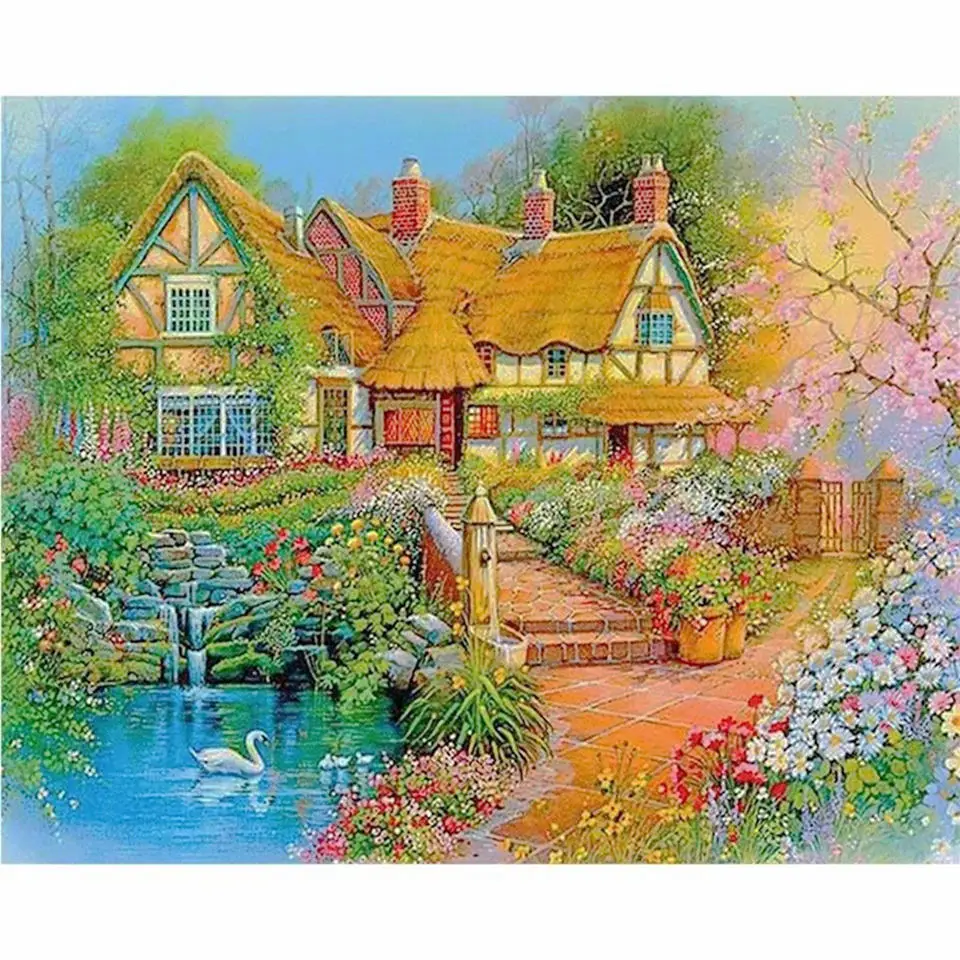 

HOME 5D DIY Embroidered Diamond Painting "Country House" Mosaic Full 3D Cross Sticker Kit Room Deco Art, Crafts and Sewing Gifts