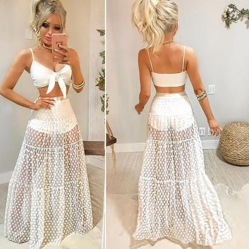

hirigin 2020 New Hot Summer Fashion Latest Women Sexy Skirt High Waist See-Through Dot Transparent Long Maxi Skirt