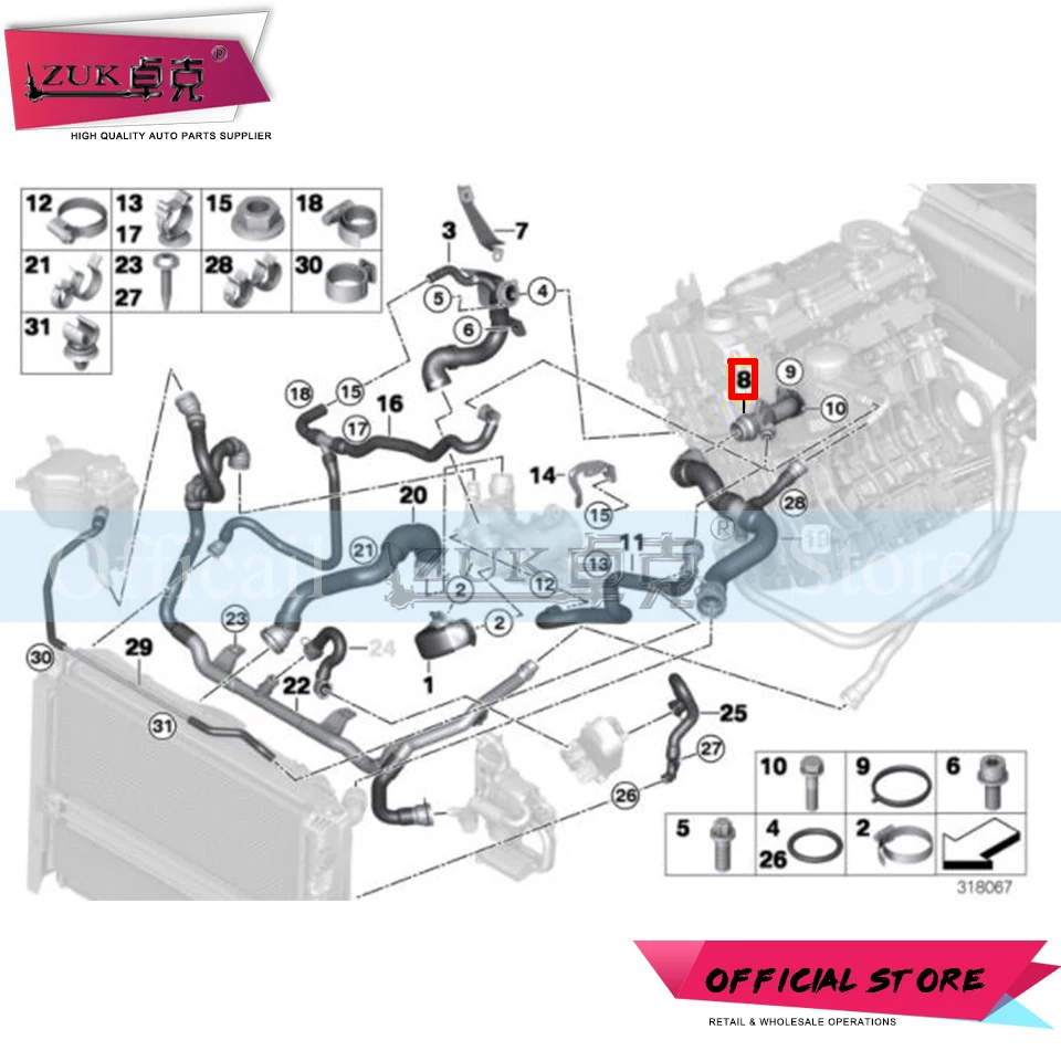 Разъем для шланга радиатора ZUK верхний соединитель охлаждающей жидкости BMW 3