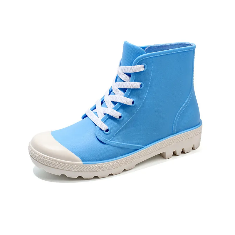 2019 New Women Rainboots Soft PVC Lace-up Waterproof Shoes Woman Fashion Ankle Boots Female Working Boots Casual Botas Mujer