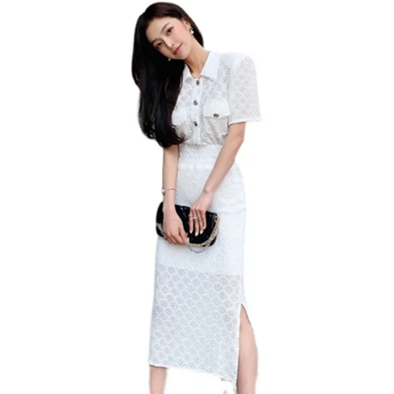 

ZAWFL Korean White Summer Two Piece Set Women Single Breasted Shirts Tops + Lace Office Lady Tracksuit Long Split Skirts Set