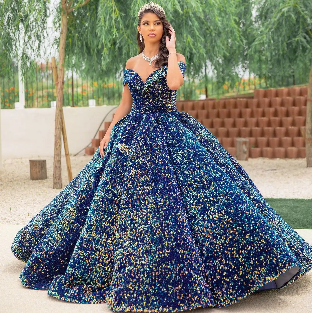 

Colorful Quinceanera Dresses Ball Gown Sexy Sparkly Sequined Off Shoulder Sequins Formal Party Prom Evening Gowns