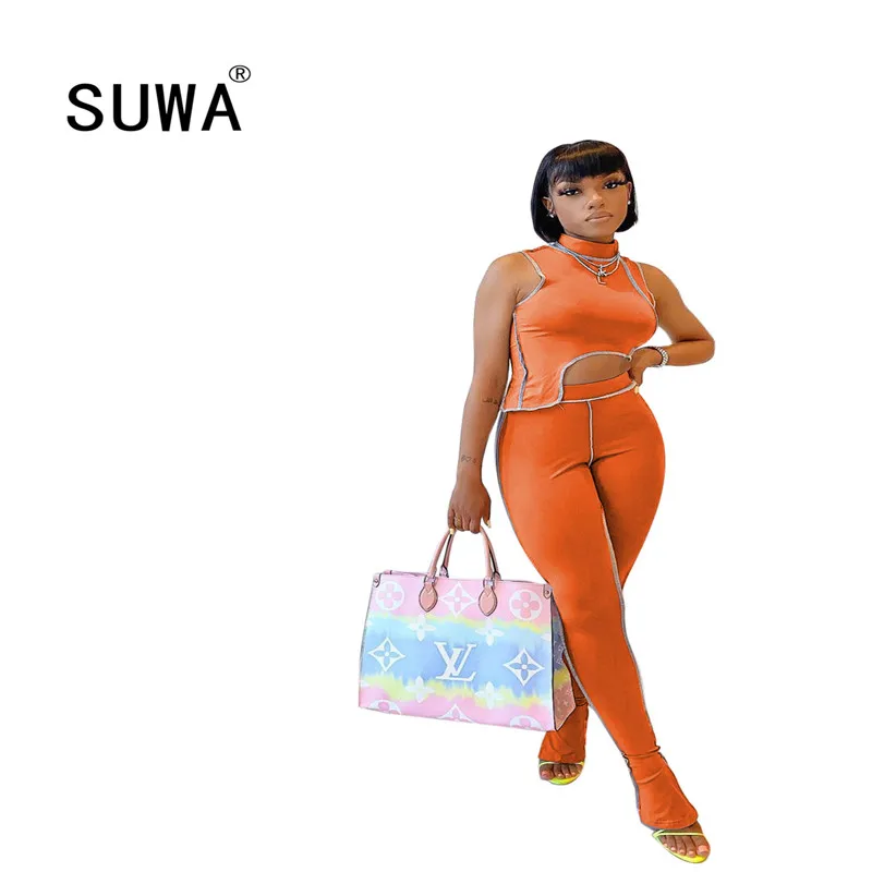 

Женский однотонный спортивный костюм, короткий топ без рукавов и облегающие леггинсы, комплект из двух предметов, 2020