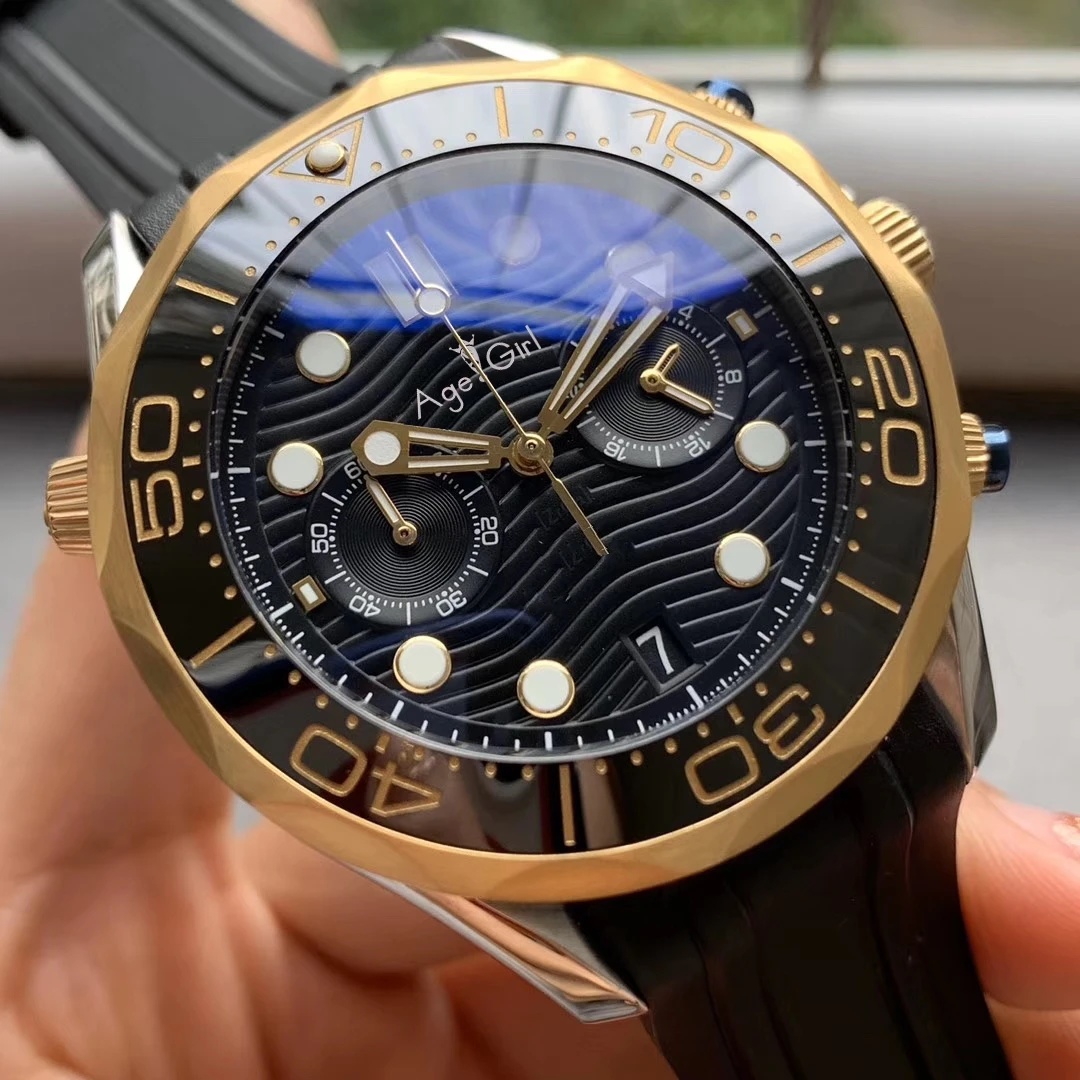 

Luxury Men Japan Quartz Chronograph Black Rubber Yellow Gold Blue James Bond 007 Blue Ceramic Bezel Sapphire Watch 44MM